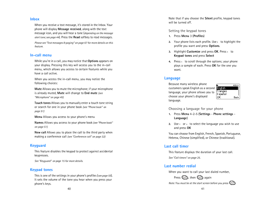 Nokia 6185 owner manual Inbox, In-call menu, Keypad tones, Language, Last call timer, Last number redial 