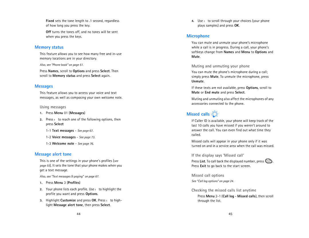 Nokia 6185 owner manual Memory status, Messages, Message alert tone, Microphone, Missed calls 