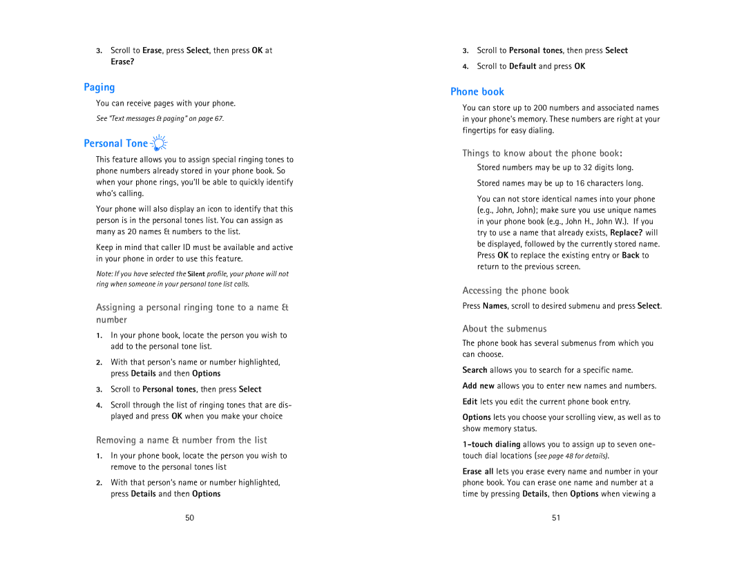 Nokia 6185 owner manual Paging, Personal Tone, Phone book 