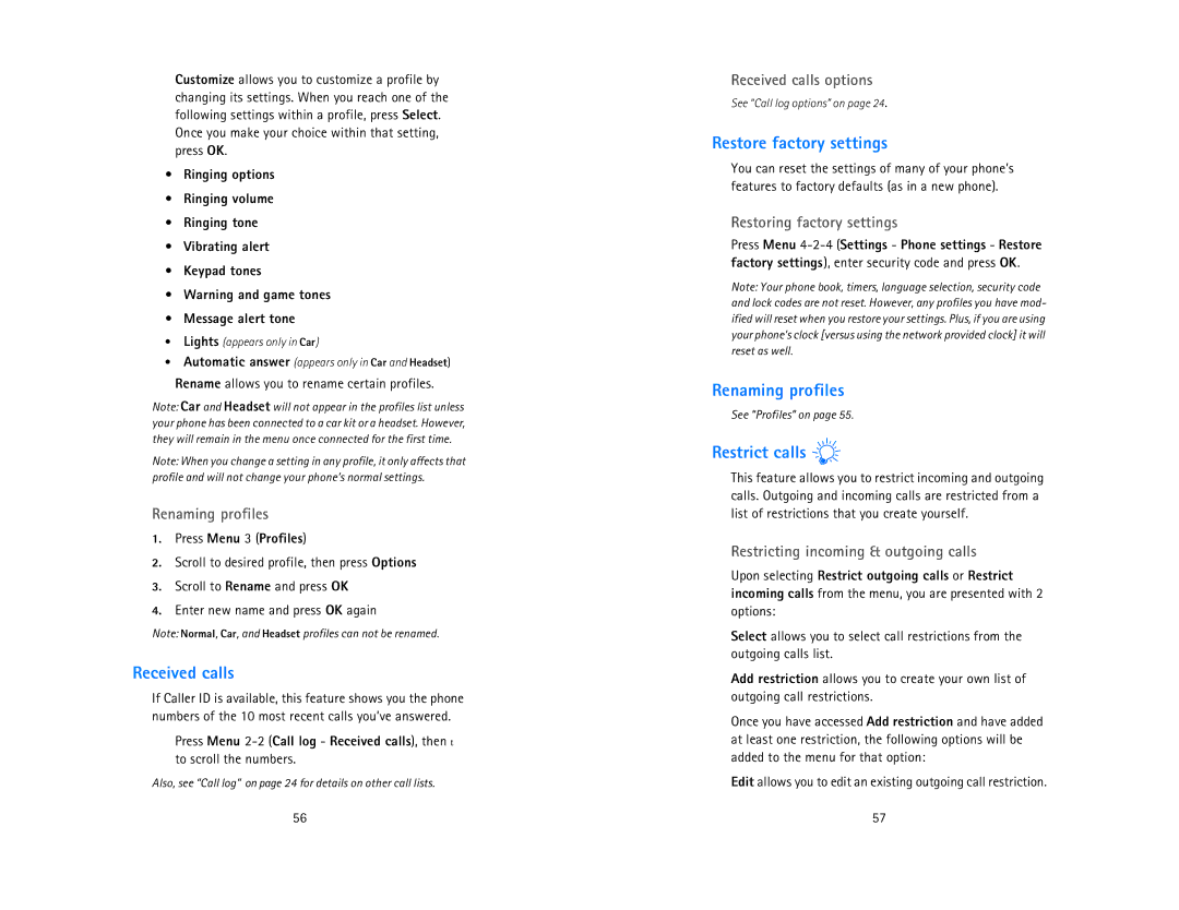Nokia 6185 owner manual Received calls, Restore factory settings, Renaming profiles, Restrict calls 