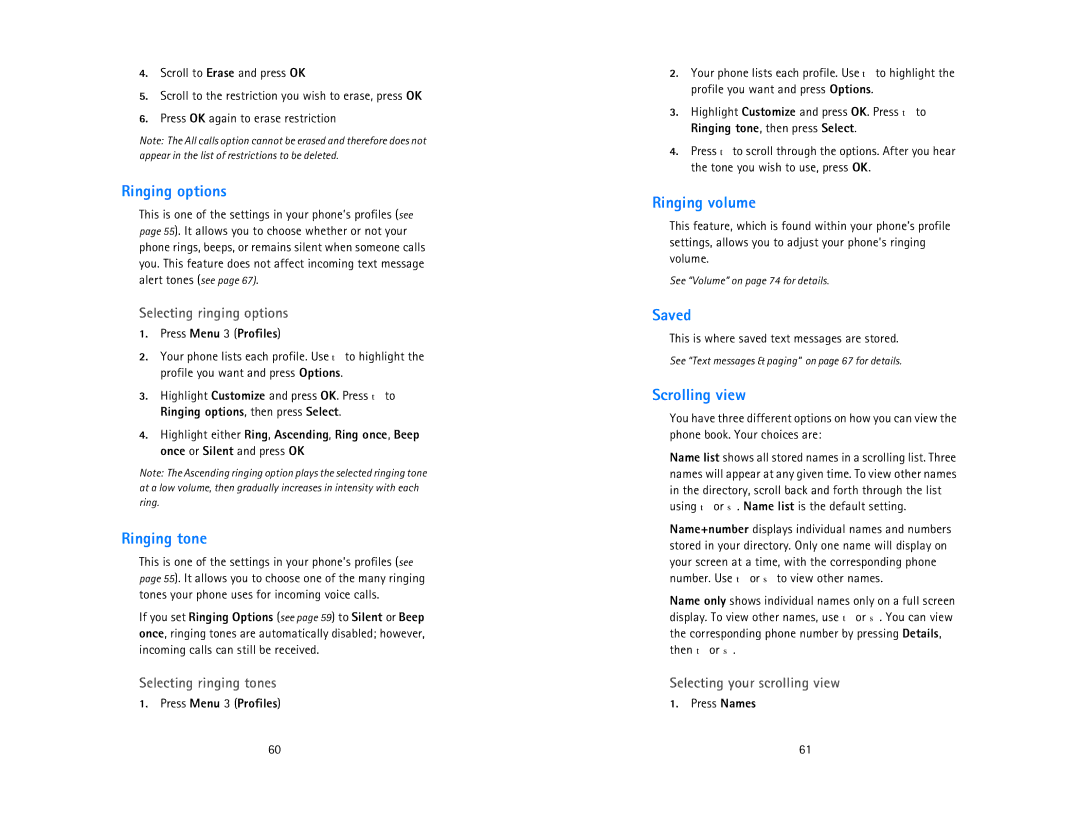 Nokia 6185 owner manual Ringing options, Ringing tone, Ringing volume, Saved, Scrolling view 