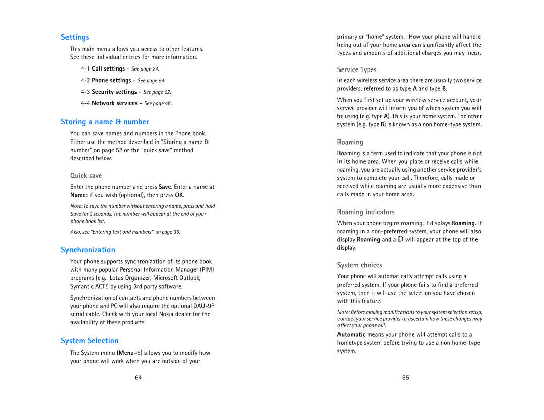 Nokia 6185 owner manual Settings, Storing a name & number, Synchronization, System Selection 