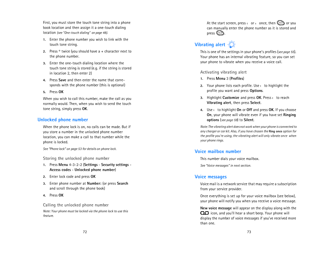 Nokia 6185 owner manual Unlocked phone number, Vibrating alert, Voice mailbox number, Voice messages 