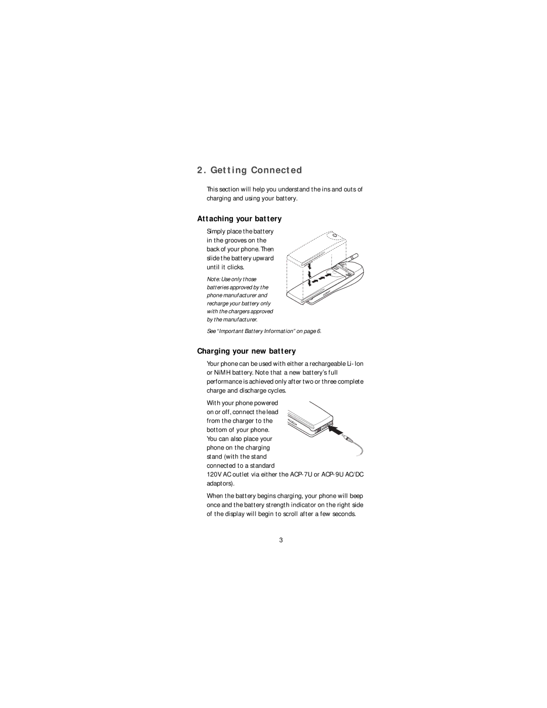 Nokia 6188 manual Getting Connected, Attaching your battery, Charging your new battery 