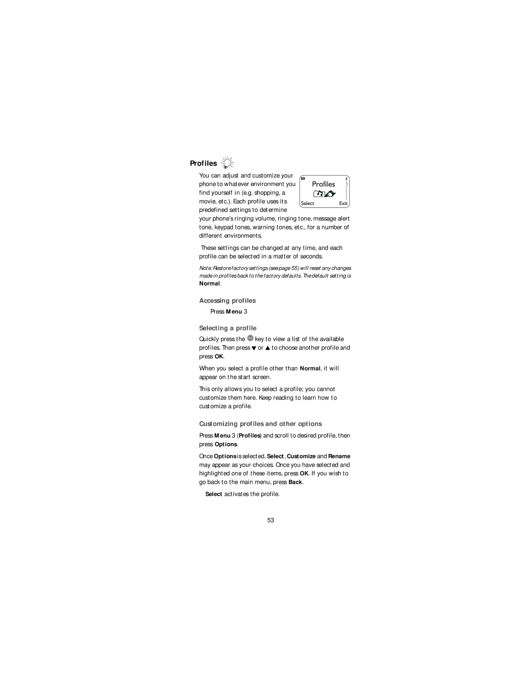 Nokia 6188 manual Profiles, Accessing profiles, Selecting a profile, Customizing profiles and other options, Normal 