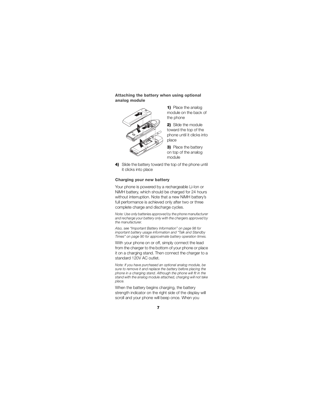 Nokia 6190 owner manual Attaching the battery when using optional analog module, Charging your new battery 