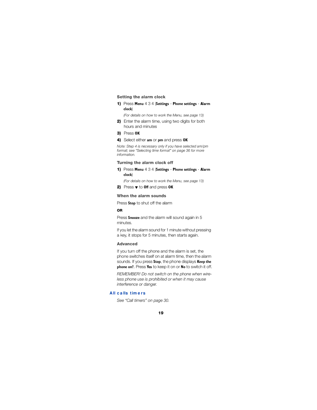 Nokia 6190 Setting the alarm clock, Turning the alarm clock off, When the alarm sounds, Advanced, All calls timers 