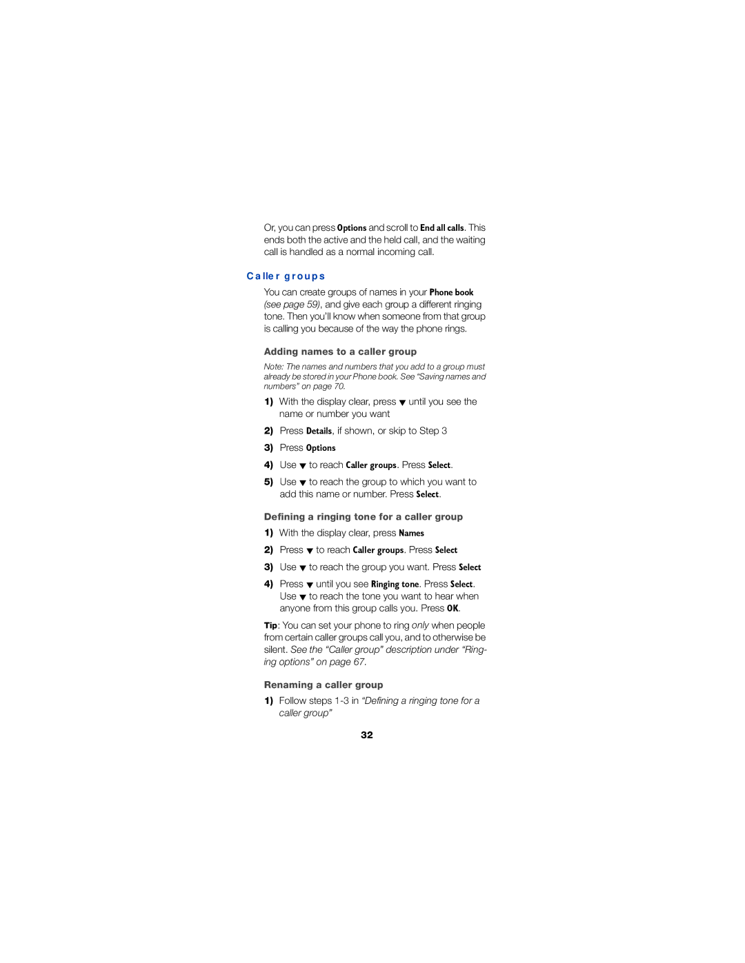 Nokia 6190 owner manual Caller groups, Adding names to a caller group, Defining a ringing tone for a caller group 