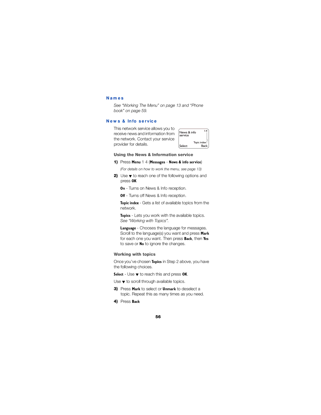 Nokia 6190 owner manual Names, News & Info service, Using the News & Information service, Working with topics 