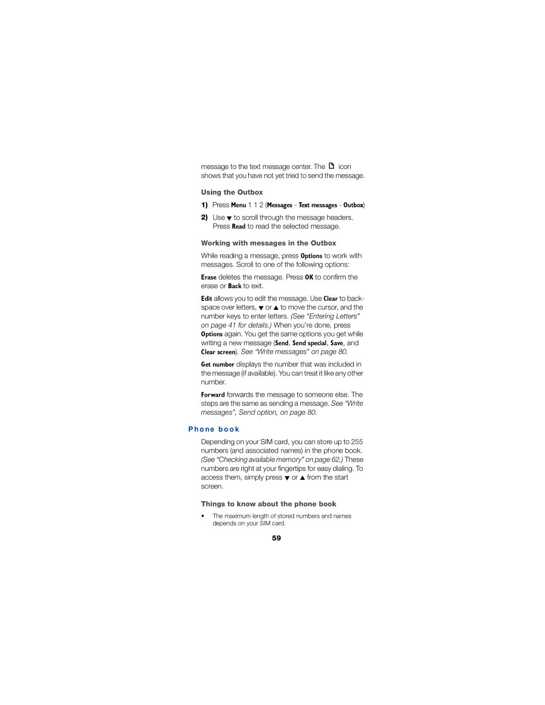 Nokia 6190 Using the Outbox, Working with messages in the Outbox, Phone book, Things to know about the phone book 