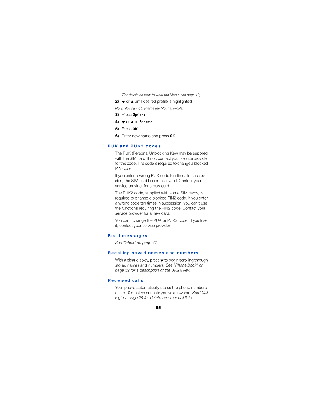 Nokia 6190 owner manual PUK and PUK2 codes, Read messages, See Inbox on, Recalling saved names and numbers, Received calls 