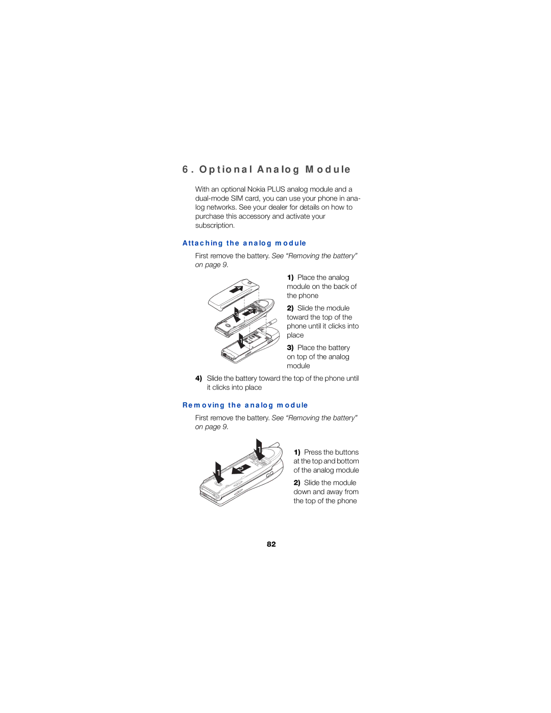 Nokia 6190 owner manual Optional Analog Module, Attaching the analog module, Removing the analog module 