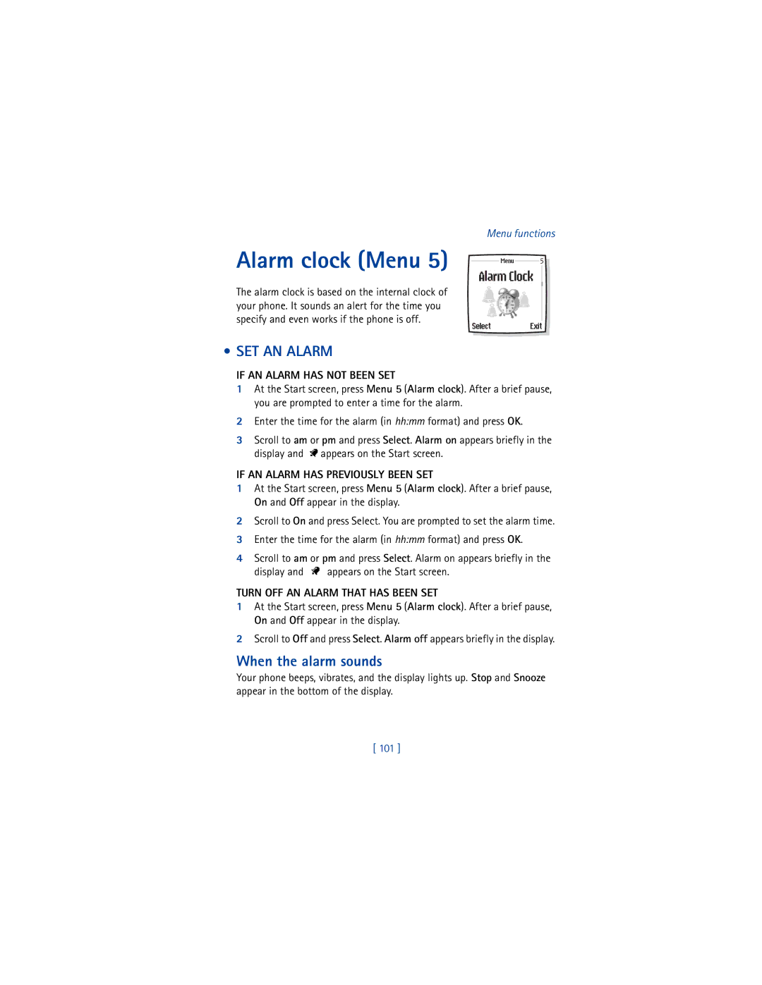 Nokia 6200 warranty Alarm clock Menu, SET AN Alarm, When the alarm sounds 