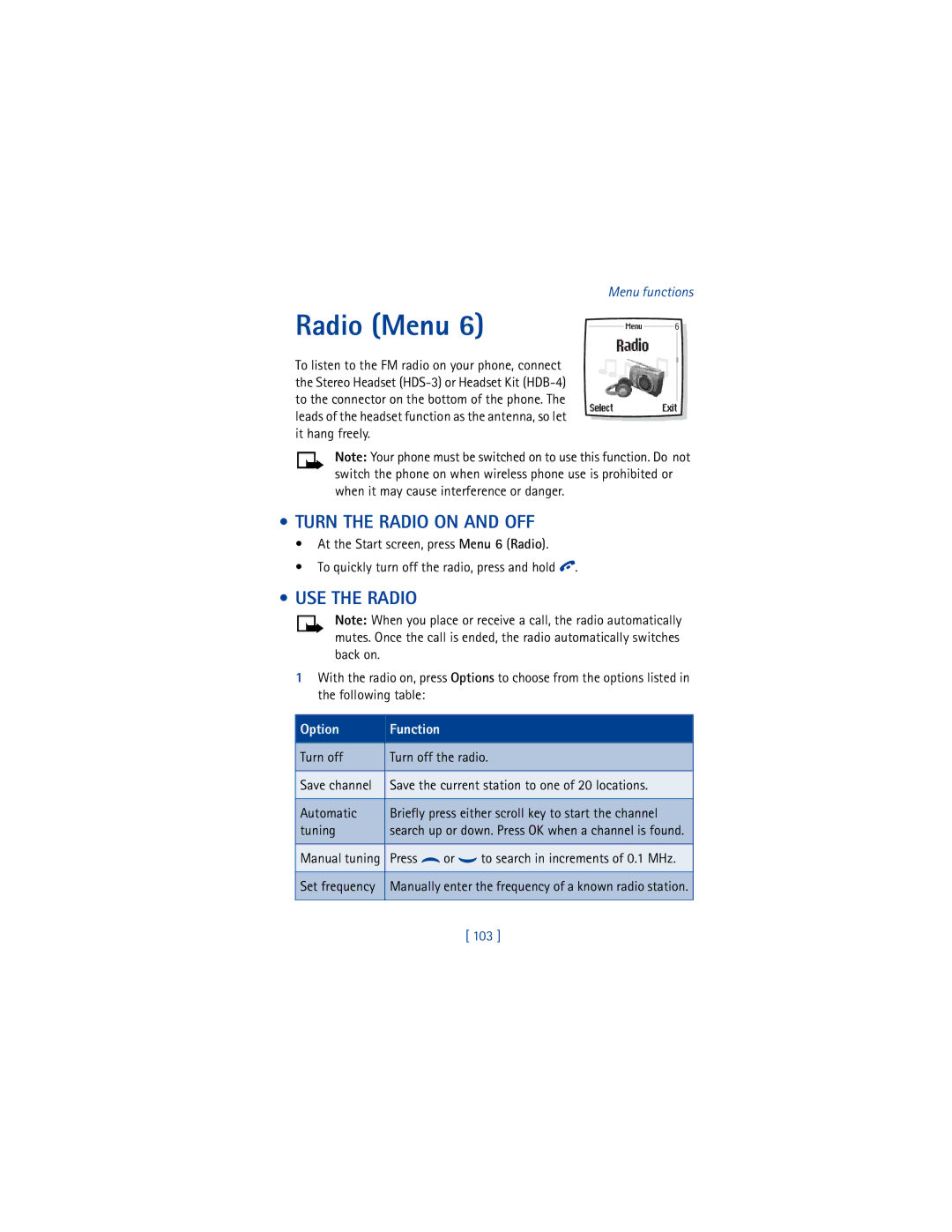 Nokia 6200 warranty Radio Menu, Turn the Radio on and OFF, USE the Radio, 103 