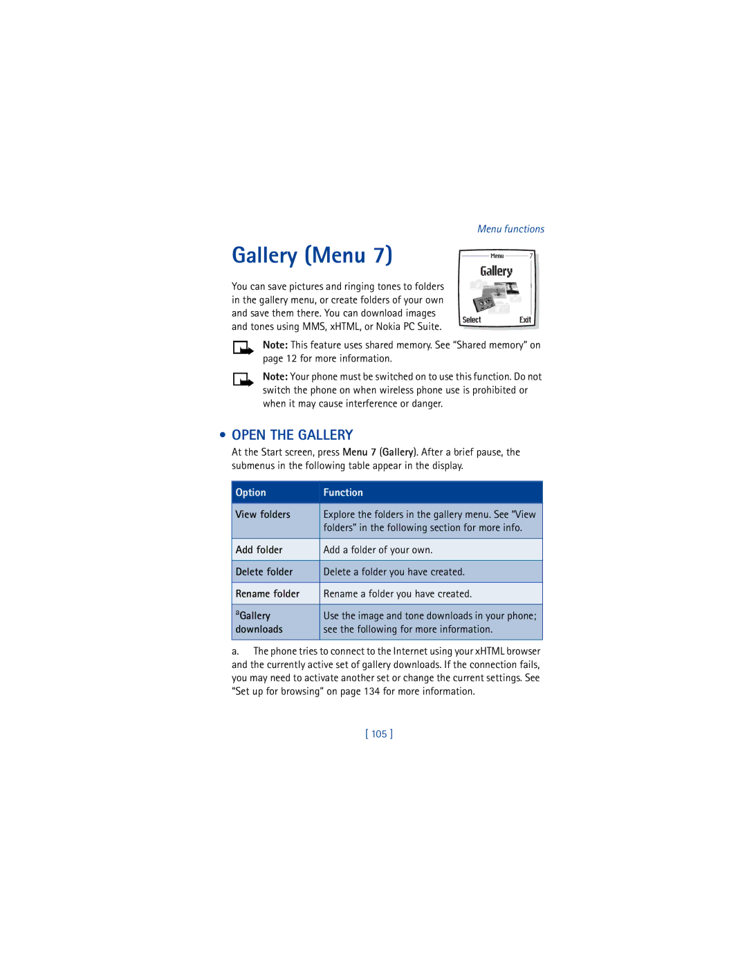 Nokia 6200 warranty Gallery Menu, Open the Gallery, View folders, Downloads See the following for more information, 105 