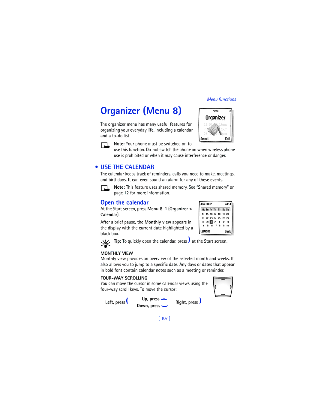 Nokia 6200 warranty Organizer Menu, USE the Calendar, Open the calendar, Monthly View, FOUR-WAY Scrolling 