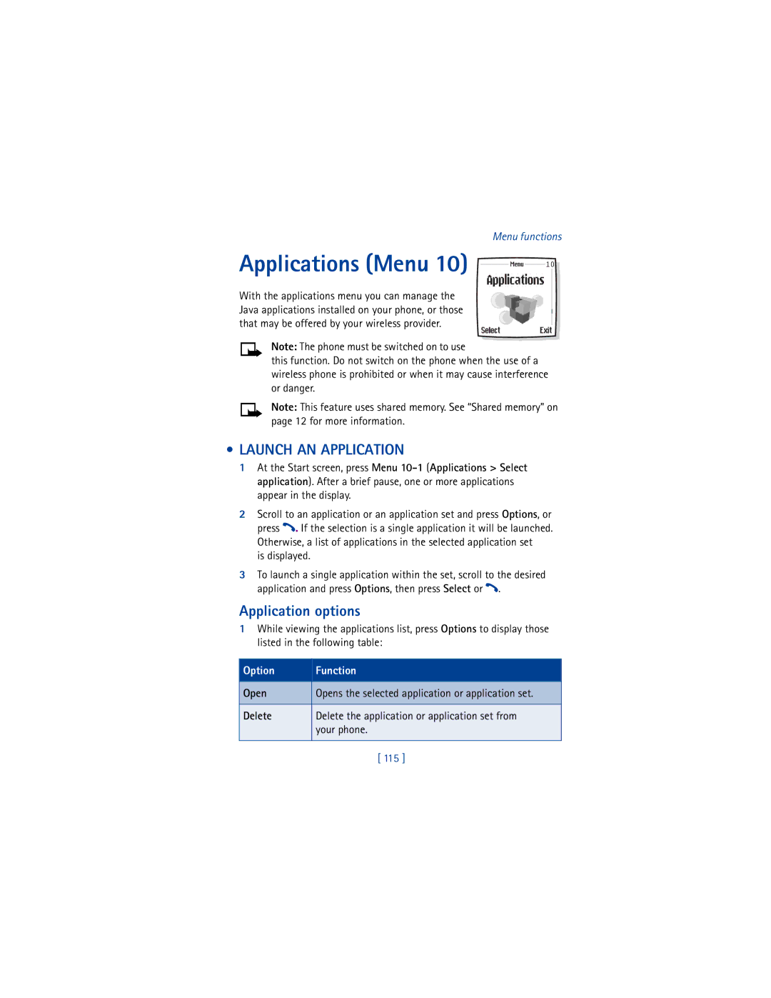 Nokia 6200 warranty Applications Menu, Launch AN Application, Application options, Option Function Open, 115 