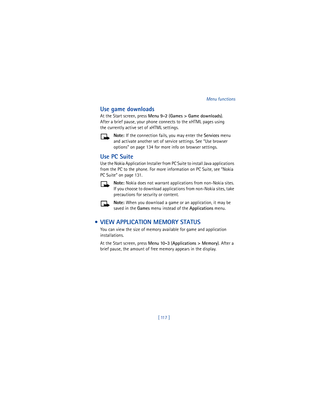 Nokia 6200 warranty Use game downloads, Use PC Suite, View Application Memory Status, 117 