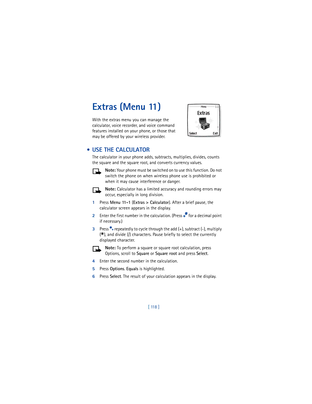 Nokia 6200 warranty Extras Menu, USE the Calculator, 118 