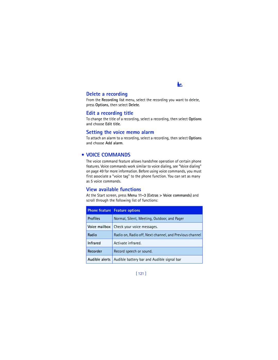Nokia 6200 warranty Delete a recording, Edit a recording title, Setting the voice memo alarm, Voice Commands 