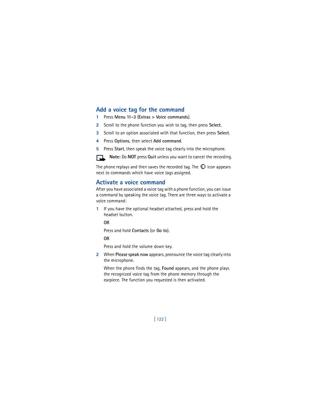 Nokia 6200 warranty Add a voice tag for the command, Activate a voice command, Press Menu 11-3 Extras Voice commands, 122 
