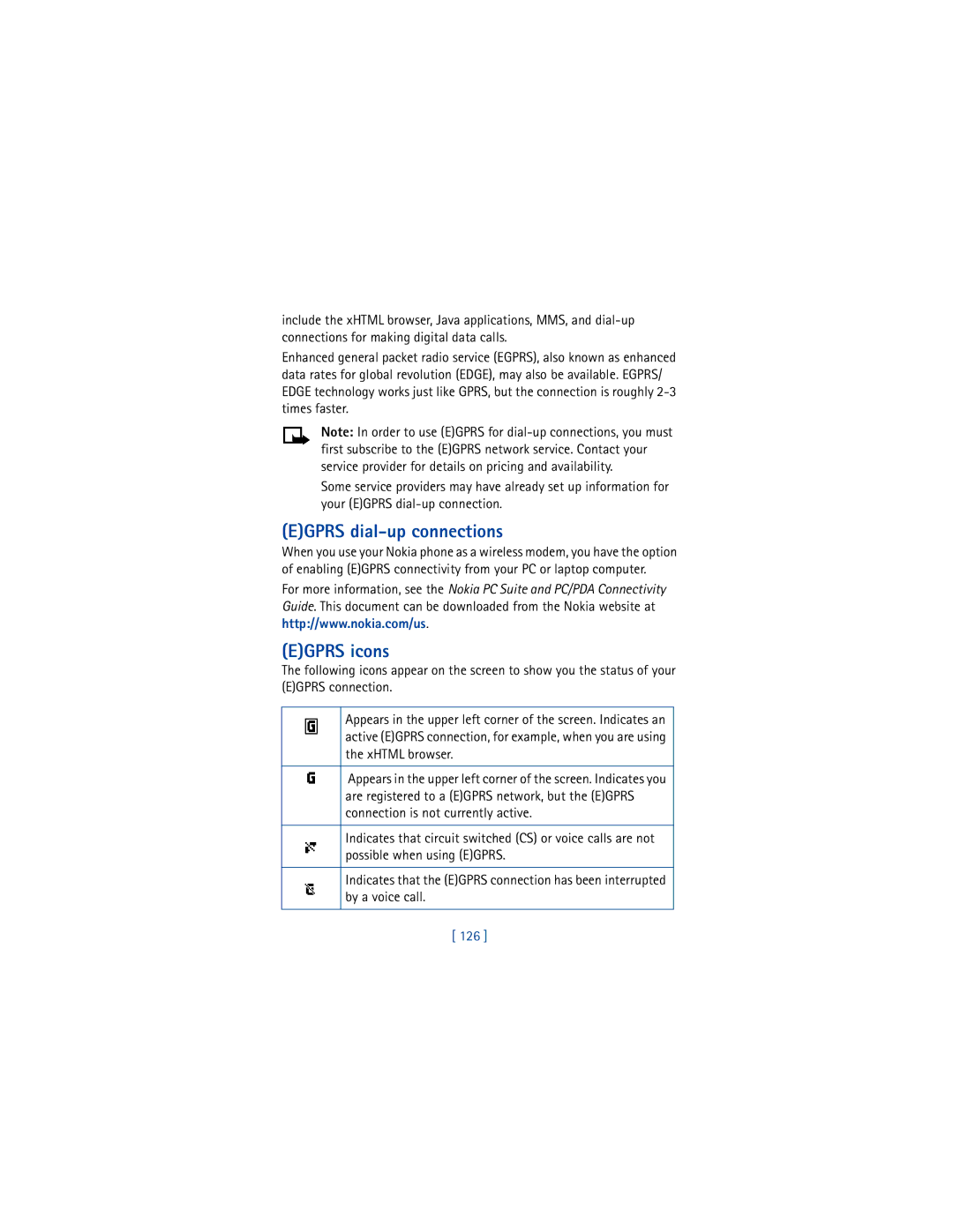 Nokia 6200 warranty Egprs dial-up connections, Egprs icons, 126 