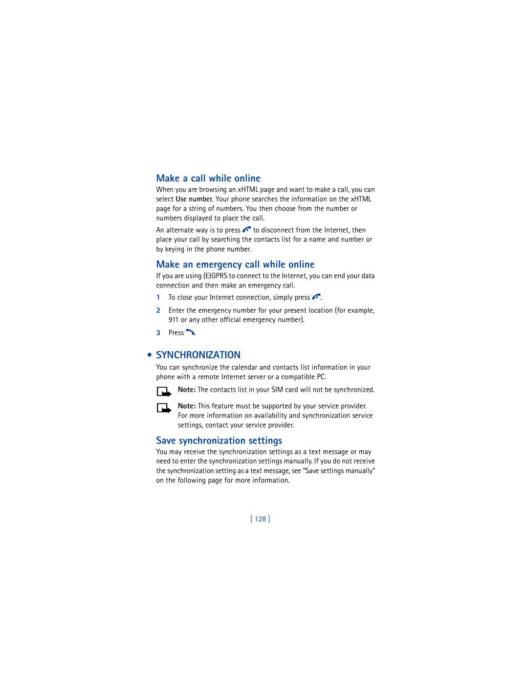 Nokia 6200 Make a call while online, Make an emergency call while online, Synchronization, Save synchronization settings 