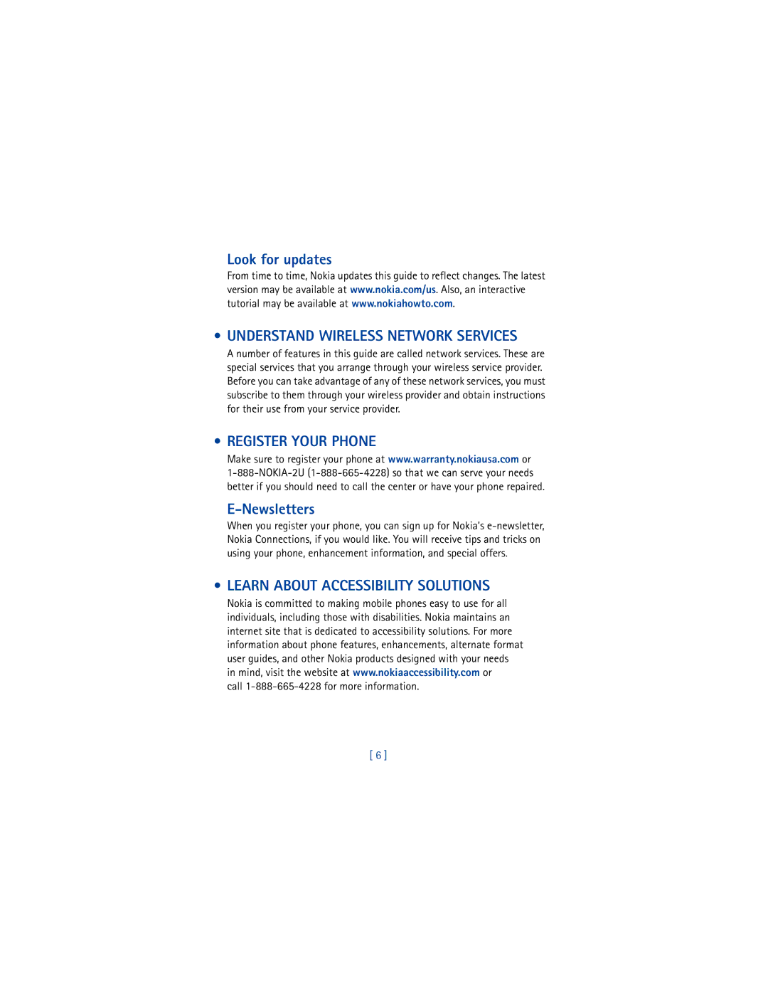 Nokia 6200 warranty Look for updates, Understand Wireless Network Services, Register Your Phone, Newsletters 