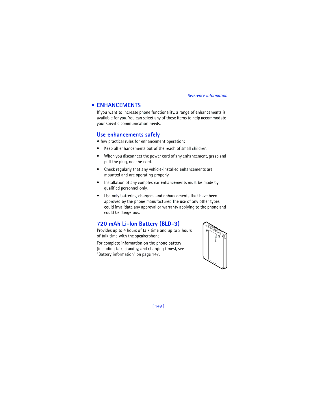 Nokia 6200 warranty Enhancements, Use enhancements safely, MAh Li-Ion Battery BLD-3, 149 