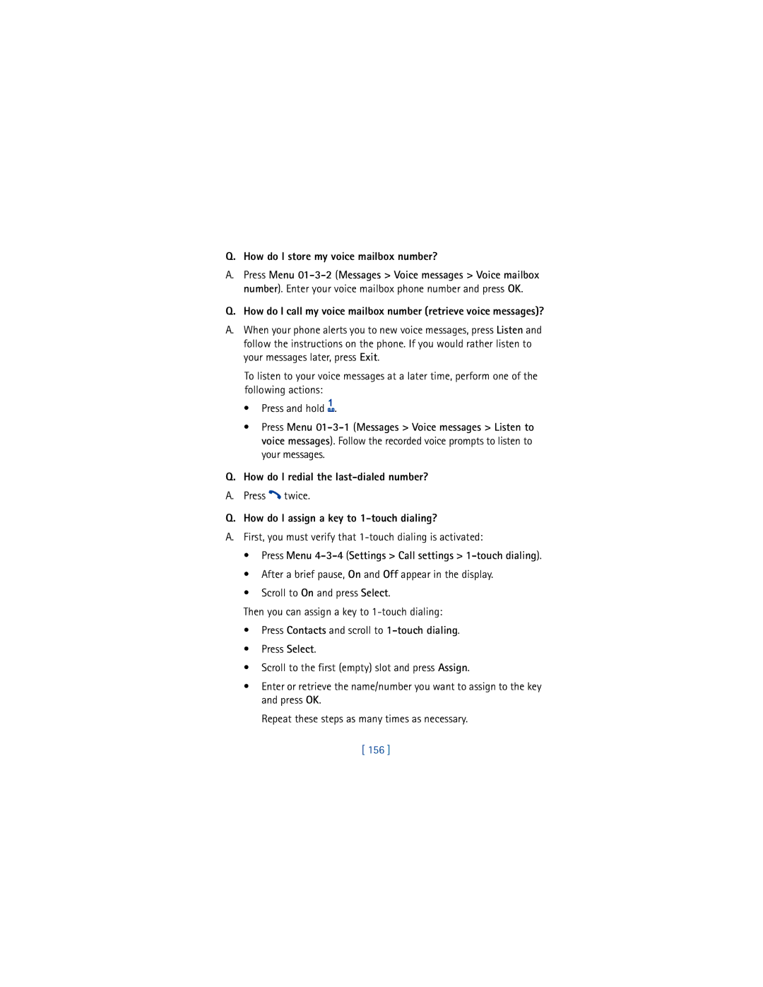Nokia 6200 warranty How do I store my voice mailbox number?, How do I assign a key to 1-touch dialing?, 156 