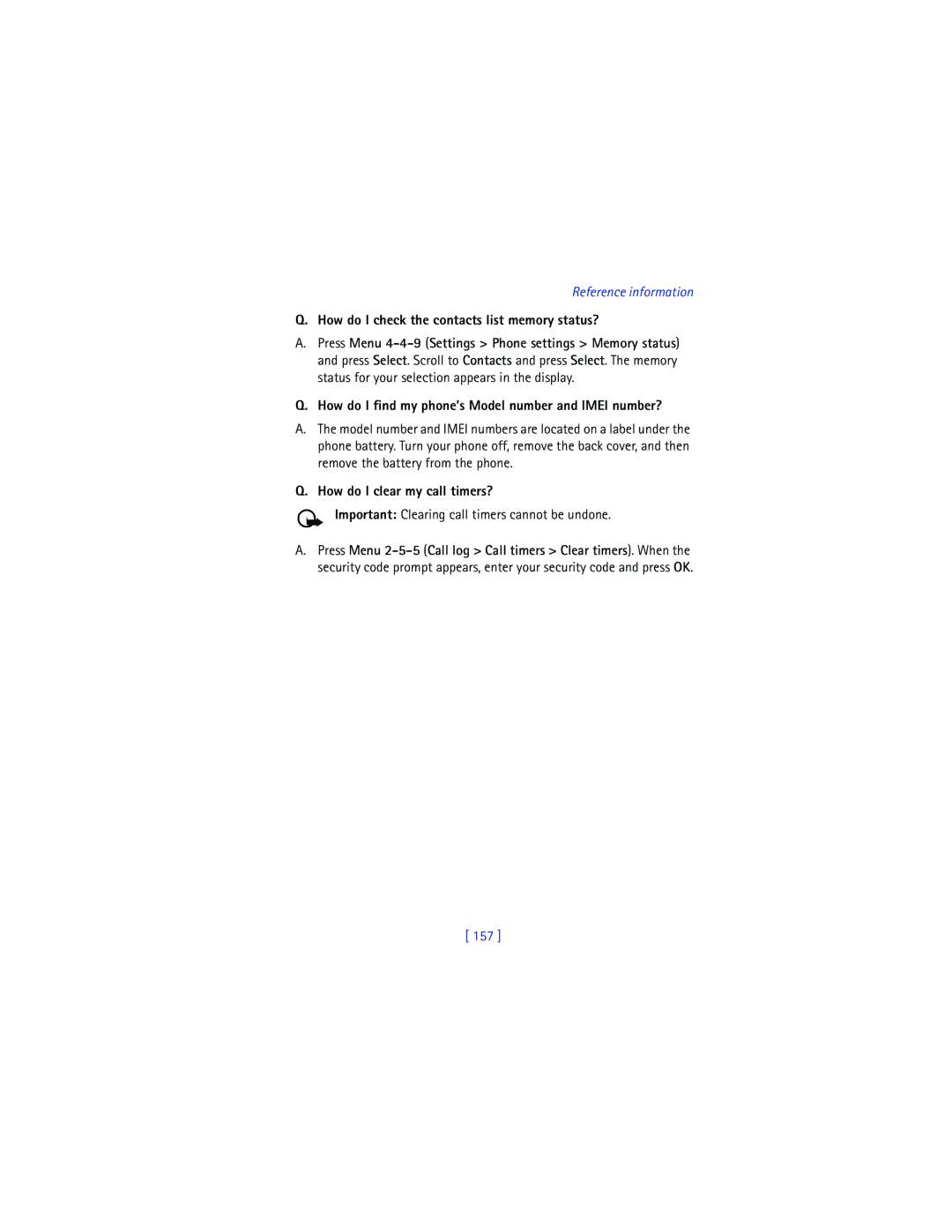 Nokia 6200 How do I check the contacts list memory status?, How do I find my phone’s Model number and Imei number?, 157 