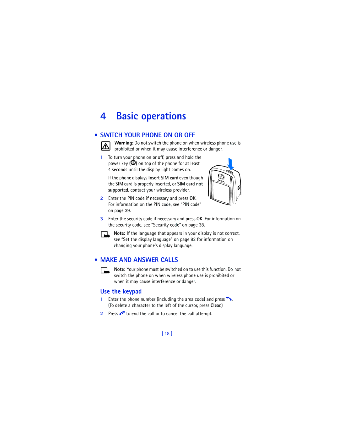 Nokia 6200 warranty Basic operations, Switch Your Phone on or OFF, Make and Answer Calls, Use the keypad 