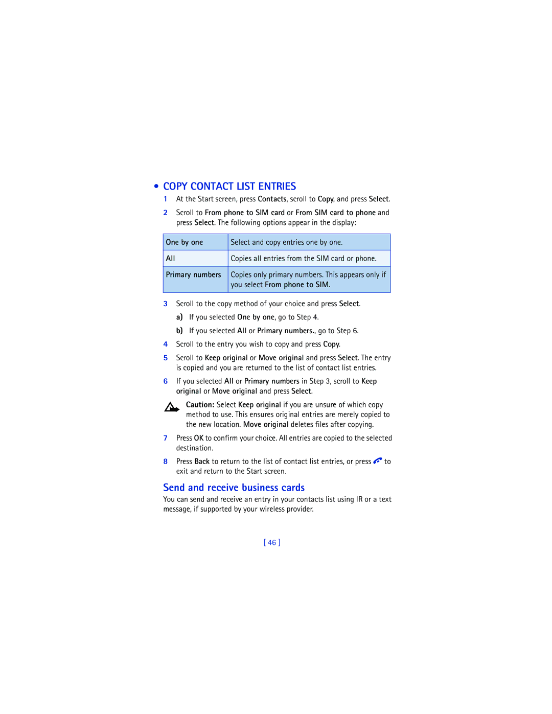 Nokia 6200 Copy Contact List Entries, Send and receive business cards, One by one Select and copy entries one by one All 