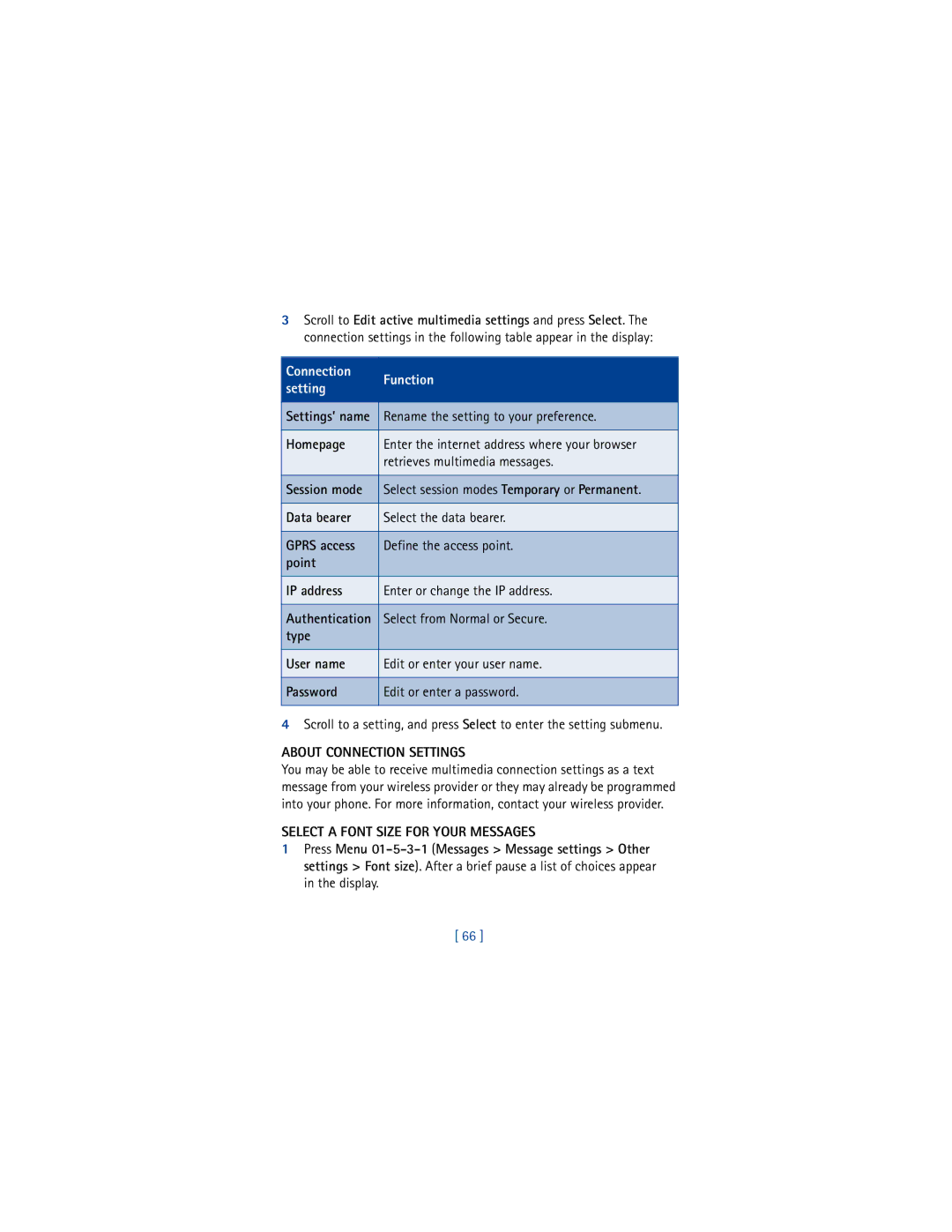 Nokia 6200 warranty Connection Function Setting, About Connection Settings, Select a Font Size for Your Messages 