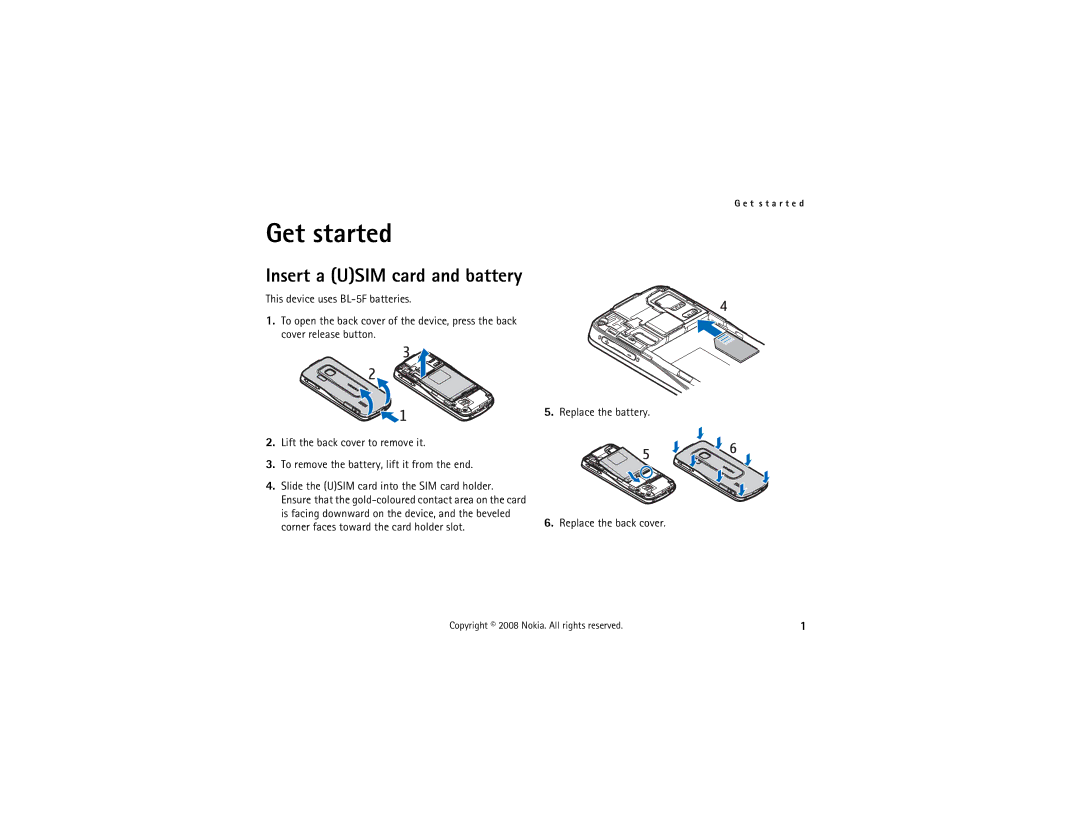 Nokia 6210 manual Get started, Replace the battery Replace the back cover 