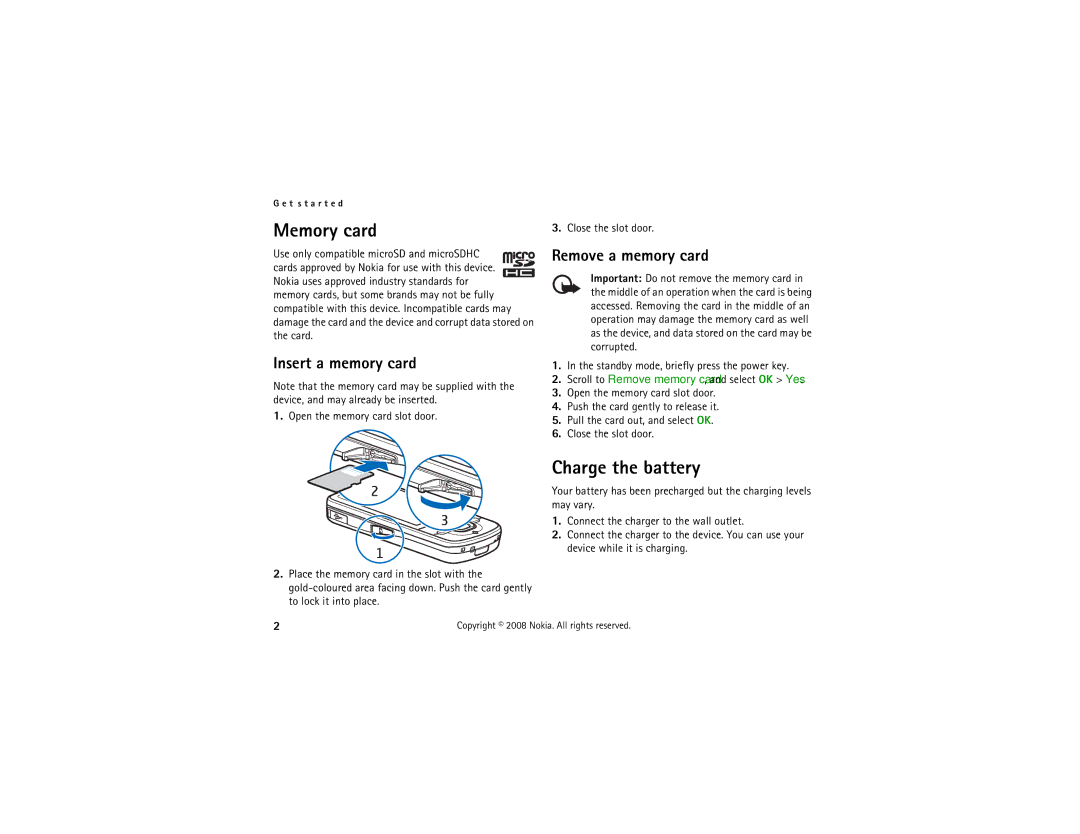 Nokia 6210 manual Memory card, Charge the battery, Insert a memory card, Remove a memory card 