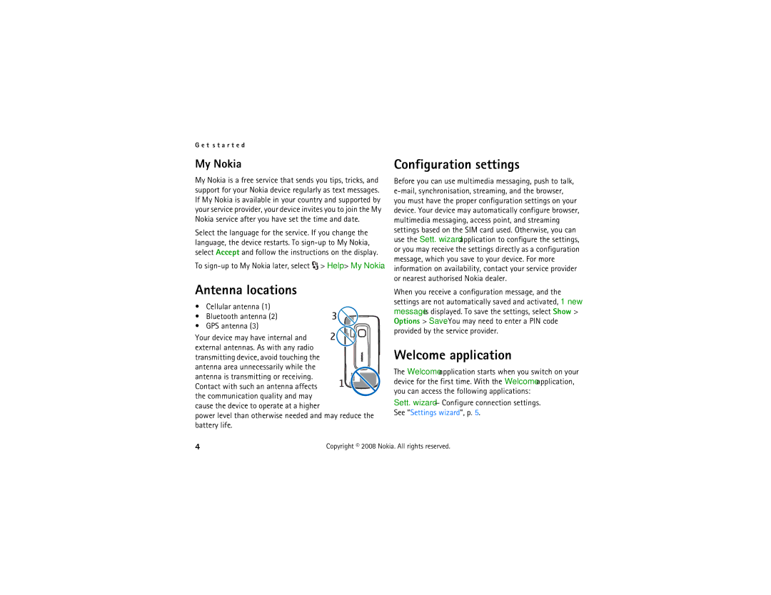 Nokia 6210 manual Antenna locations, Configuration settings, Welcome application, My Nokia 