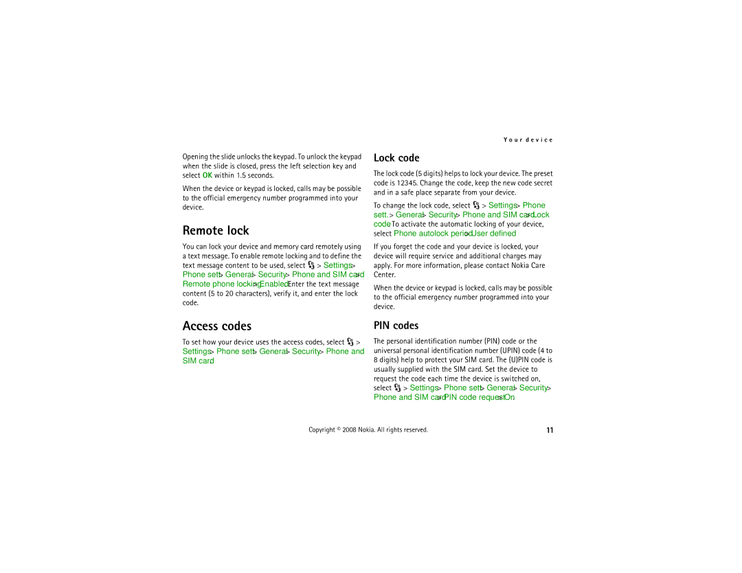 Nokia 6210 manual Remote lock, Access codes, Lock code, PIN codes 