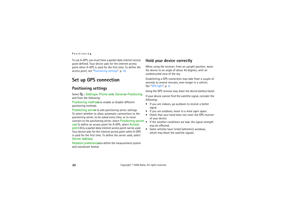 Nokia 6210 manual Set up GPS connection, Positioning settings, Hold your device correctly 