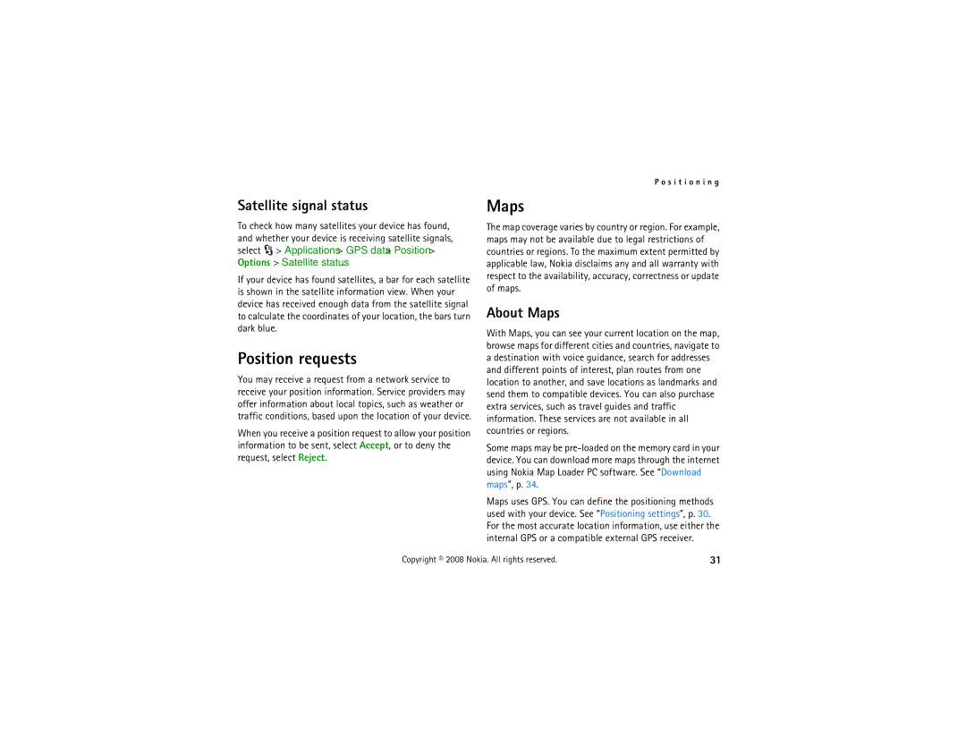 Nokia 6210 manual Position requests, Satellite signal status, About Maps 