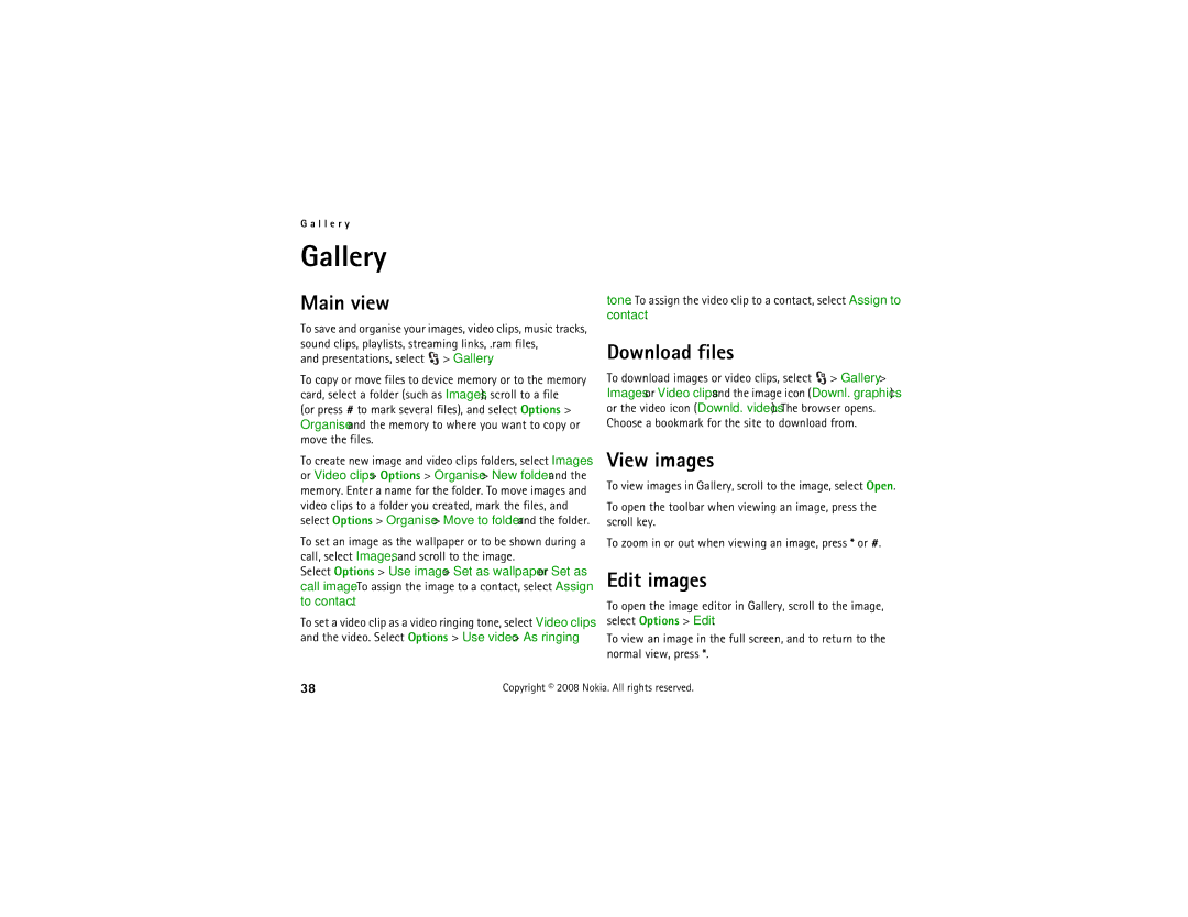 Nokia 6210 manual Gallery, Main view, Download files, View images, Edit images 