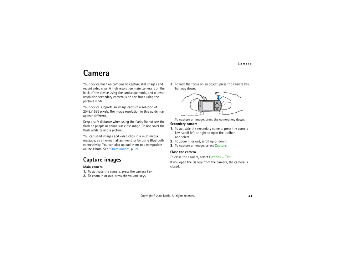 Nokia 6210 manual Camera, Capture images, Main camera, Secondary camera, Close the camera 