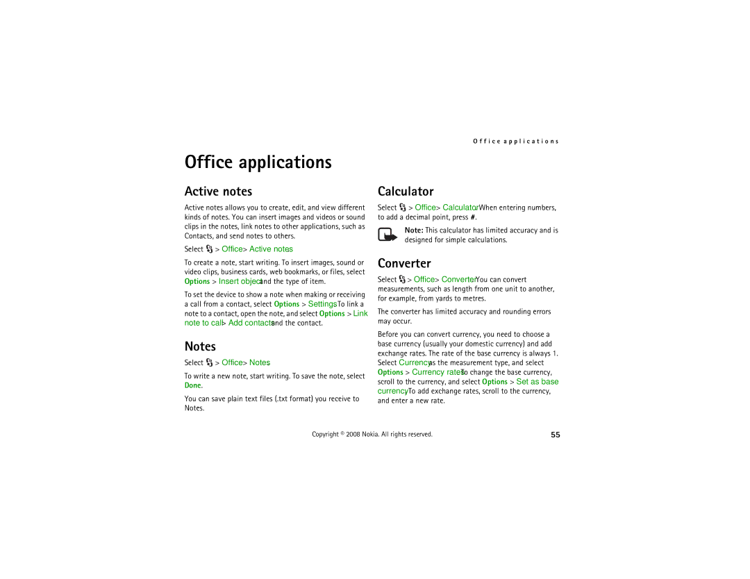Nokia 6210 manual Office applications, Calculator, Converter, Select Office Active notes 