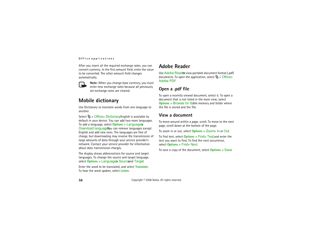 Nokia 6210 manual Mobile dictionary, Adobe Reader, View a document 