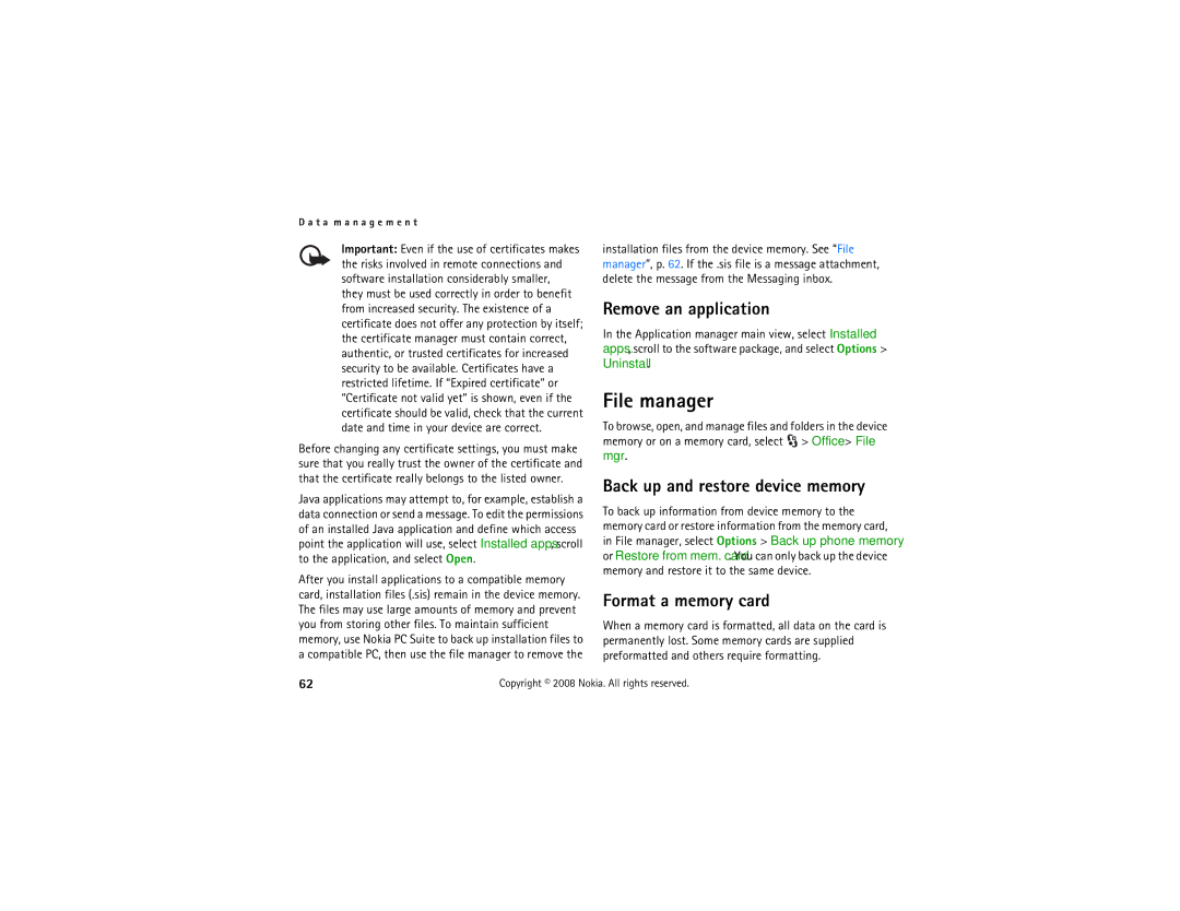 Nokia 6210 manual File manager, Remove an application, Back up and restore device memory, Format a memory card 