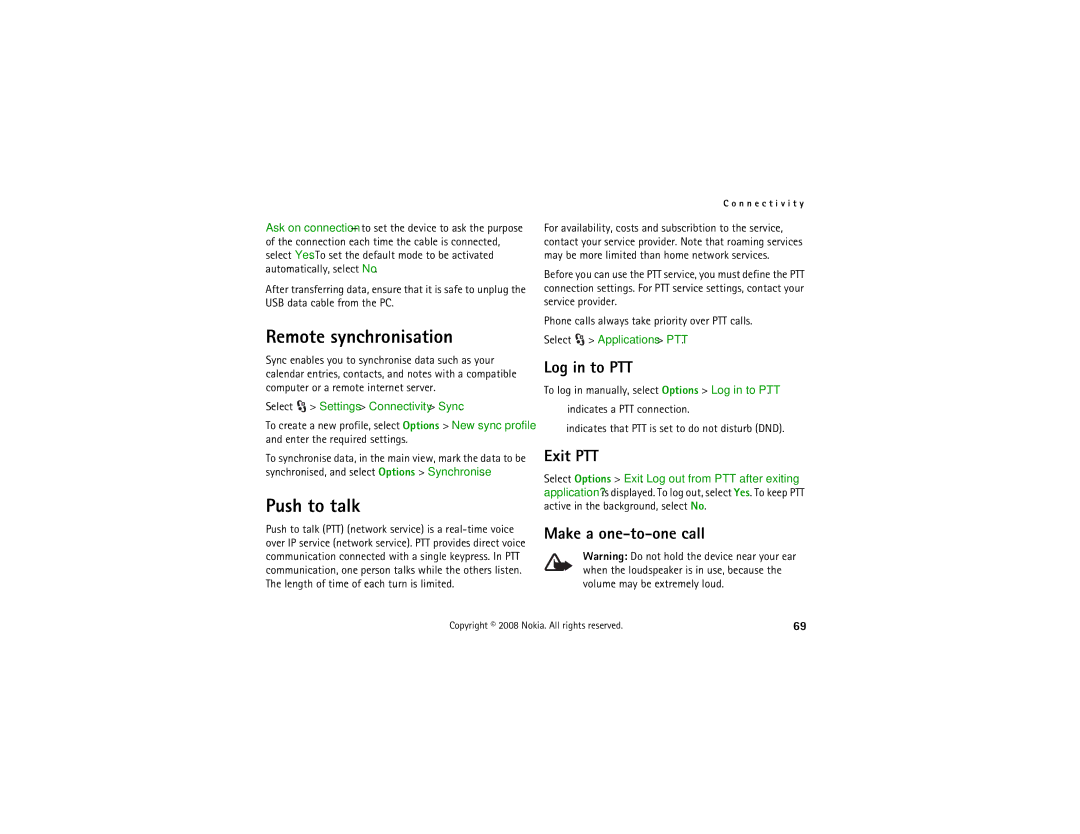 Nokia 6210 manual Remote synchronisation, Push to talk, Log in to PTT, Exit PTT, Make a one-to-one call 