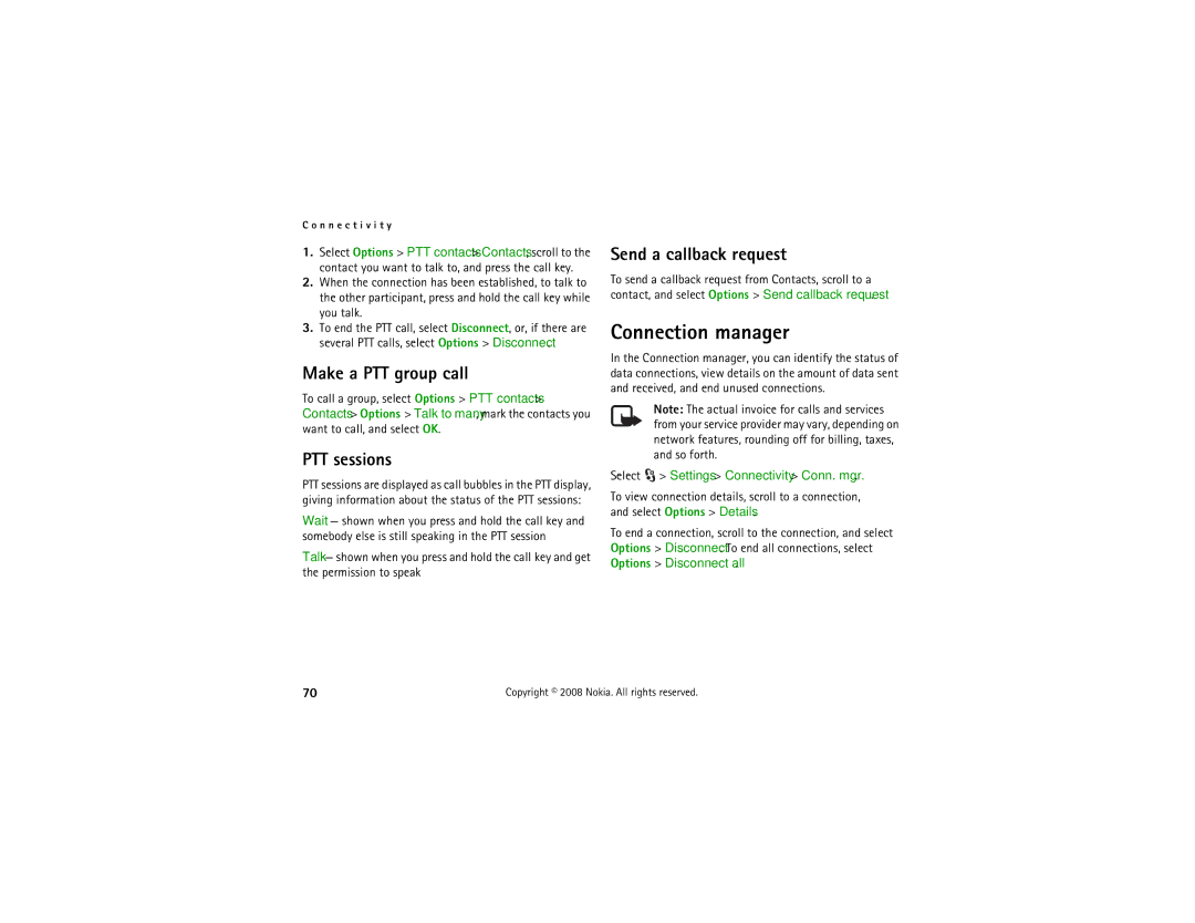 Nokia 6210 manual Connection manager, Make a PTT group call, PTT sessions, Send a callback request 