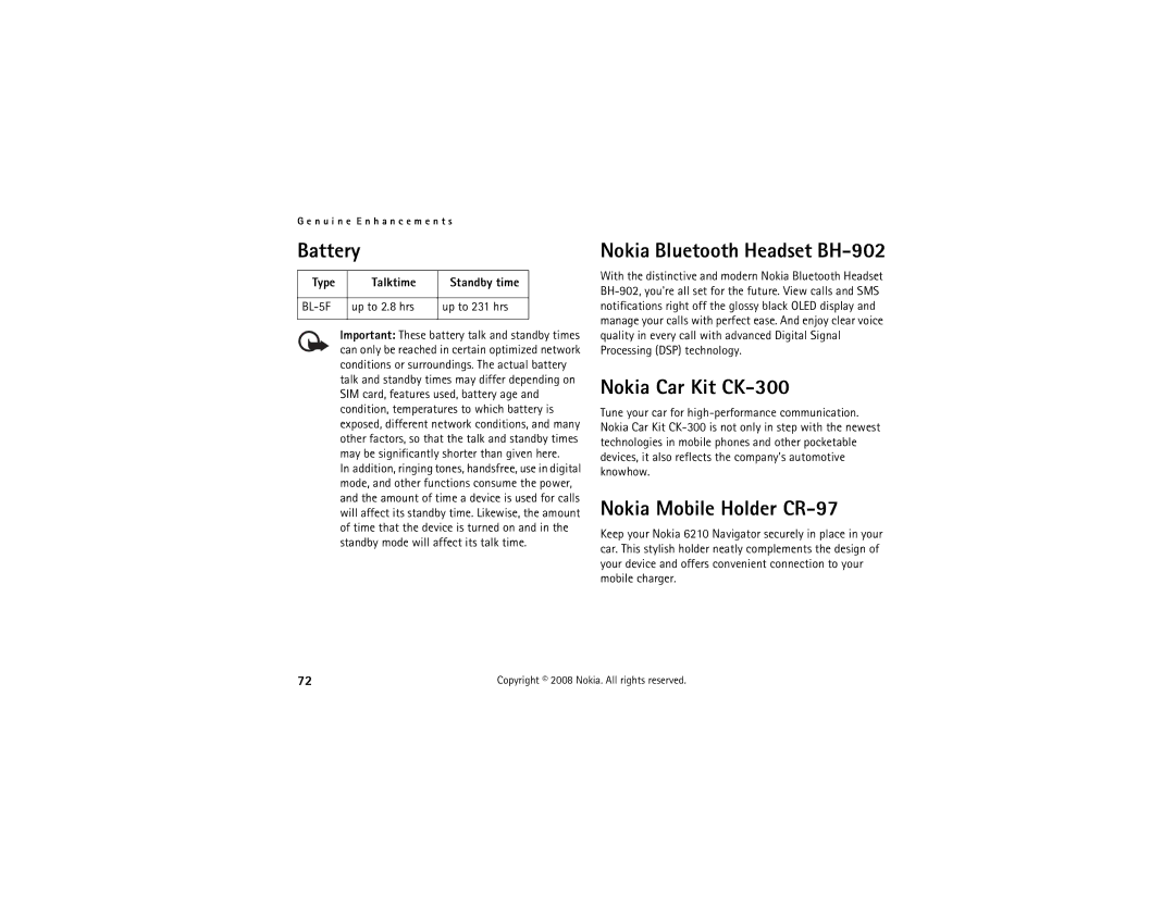 Nokia 6210 manual Battery, Nokia Bluetooth Headset BH-902, Nokia Car Kit CK-300, Nokia Mobile Holder CR-97, Type Talktime 