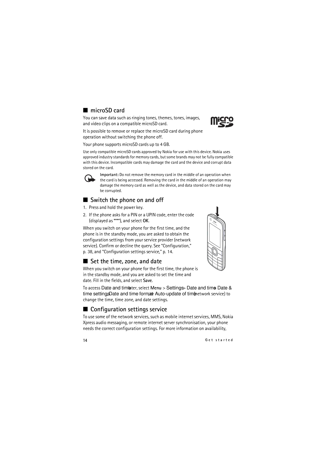 Nokia 6212 manual MicroSD card, Switch the phone on and off, Set the time, zone, and date, Configuration settings service 