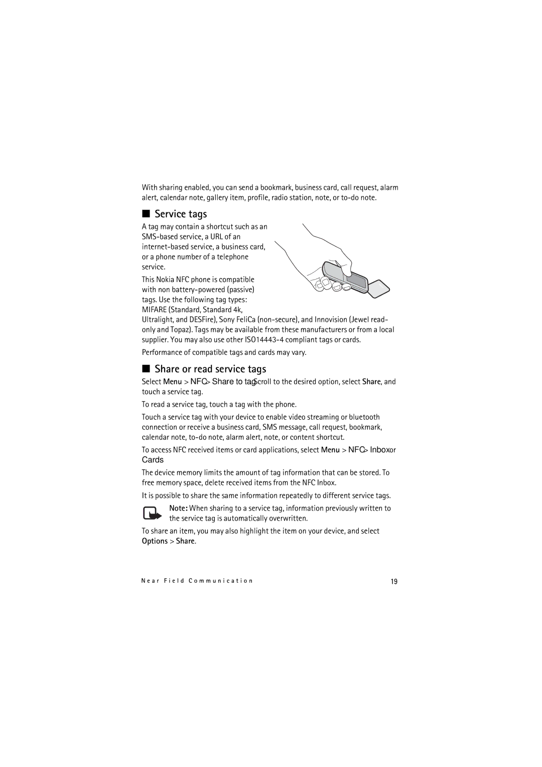 Nokia 6212 manual Service tags, Share or read service tags, Mifare Standard, Standard 4k 